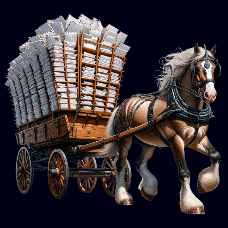 Caravan filled with mail pulled by Gypsy Vanner horse