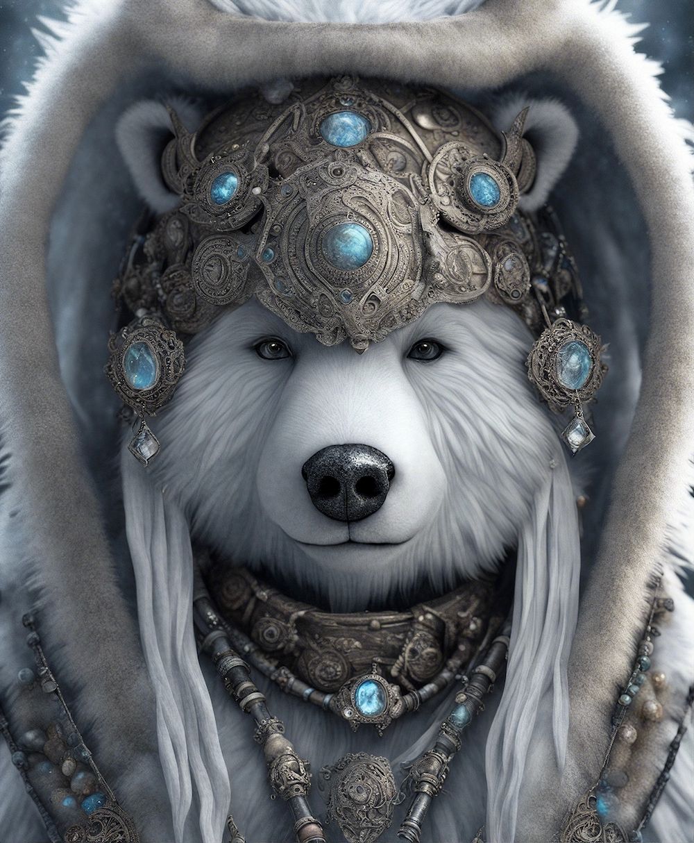 Shaman of the Snow Bear Tribe; digital artwork closeup portrait of a cute white snow bear wearing an elaborate tribal shaman headress and costume