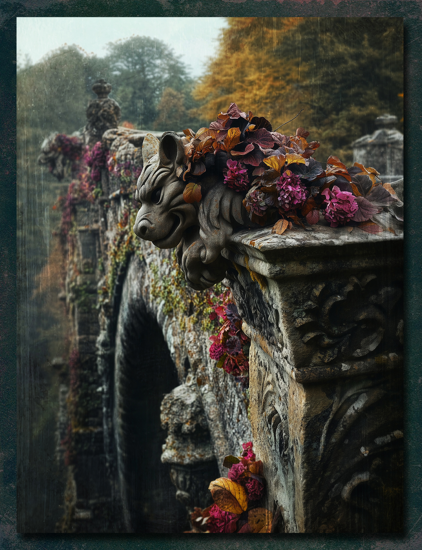 An antique photo reproduction of a stone gargoyle perched on an ornate stone bridge, with with Autumn colored flowers and scenery.